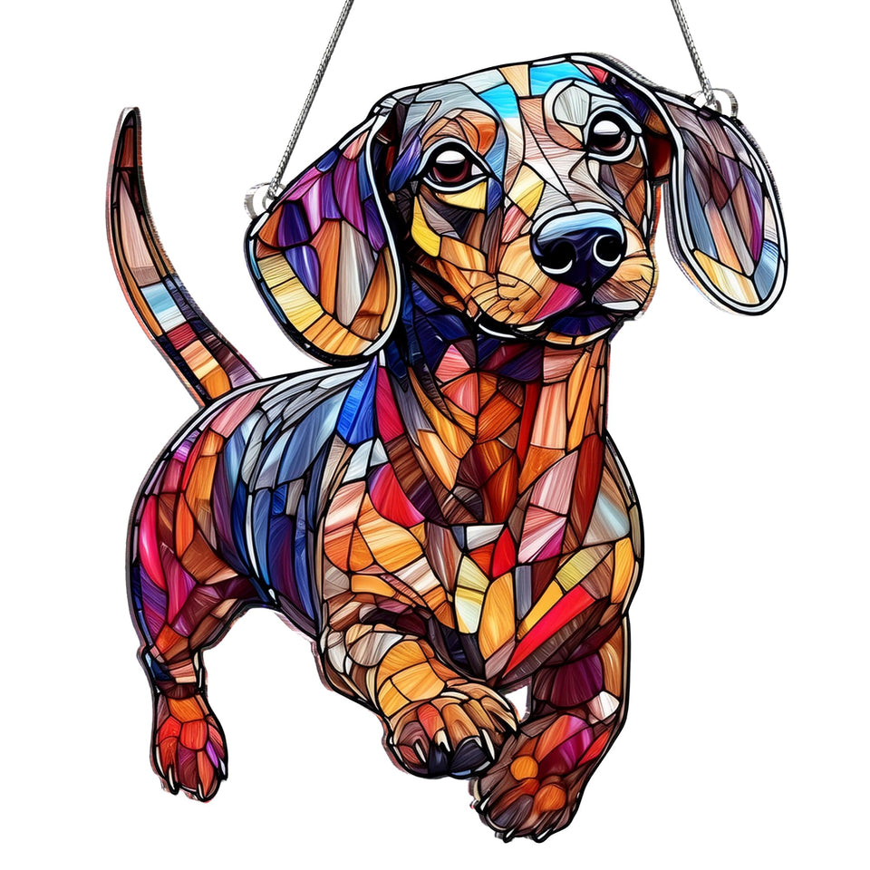 Boyese dachshund suncatcher in a sunlit window adds bright color to rooms.