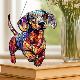 Boyese dachshund suncatcher serves as a pet memorial keepsake in a window.