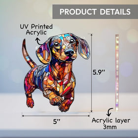 Boyese dachshund suncatcher closeup reveals vivid acrylic tones.