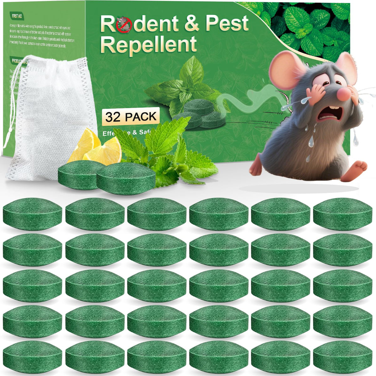 BOZFLY 32-pack mint rodent repellent setup in-box ready for placement
