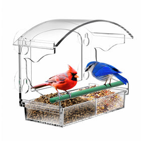BPYOT Clear Acrylic Window Bird Feeder front view shows crystal clarity for close bird watching.