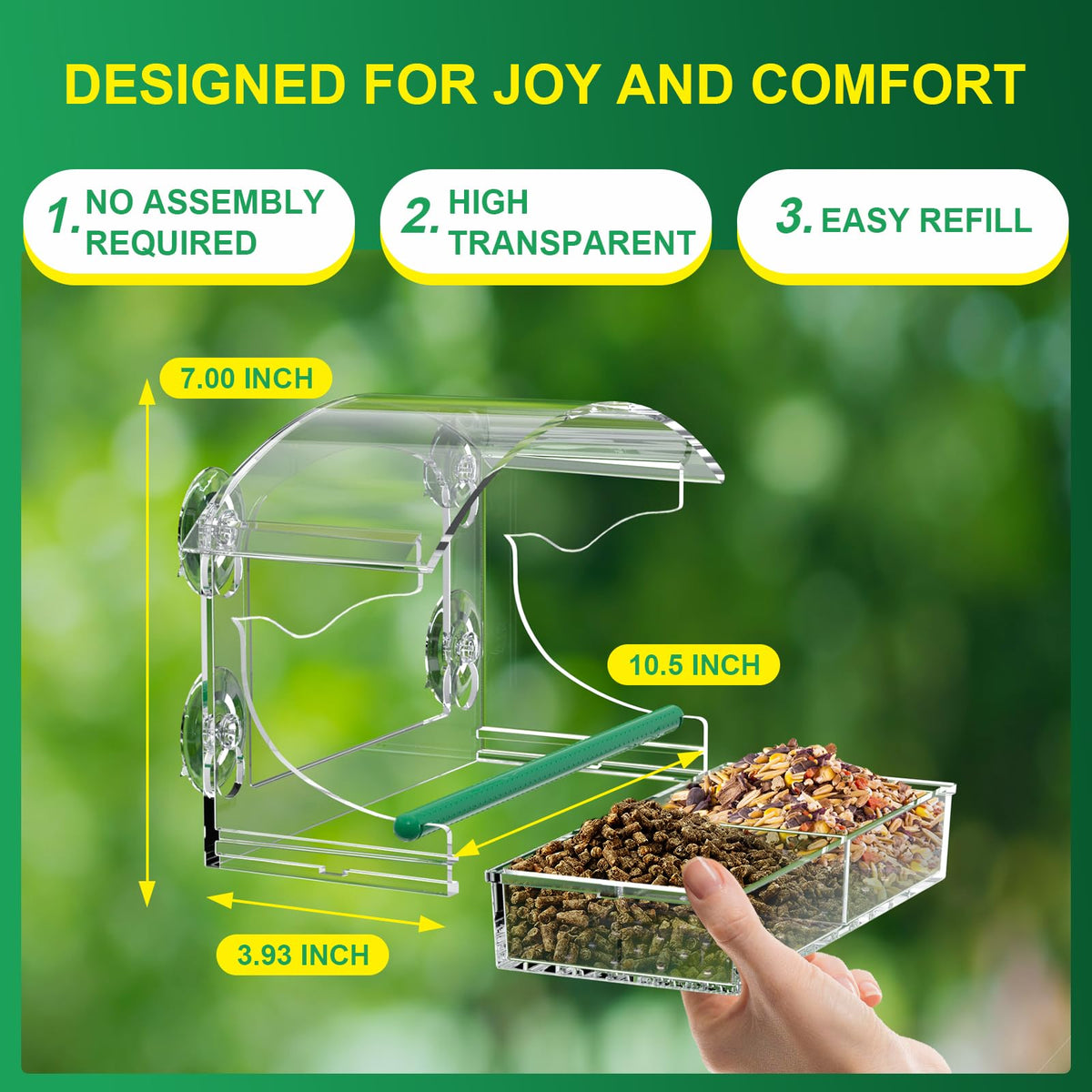 BPYOT window bird feeder with suction cups demonstrates secure mounting on glass surfaces.
