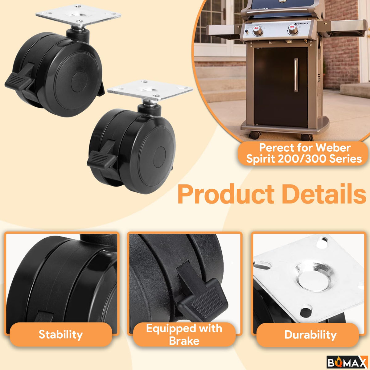 2-7/8-inch diameter casters offer stable support on deck surfaces for Weber Spirit.