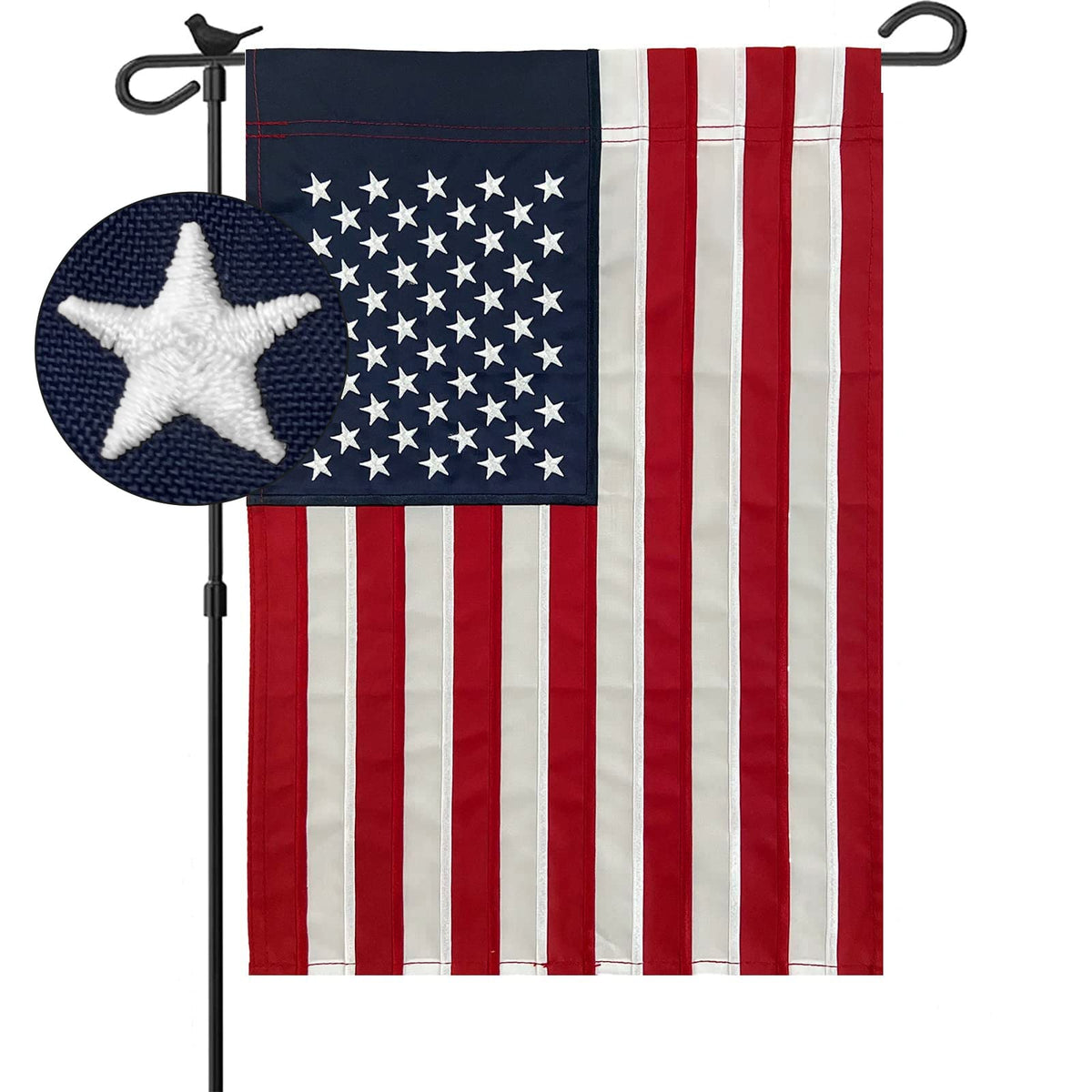 Bradford embroidered American flag 12x18 front view with durable double-sided embroidery for outdoor use.