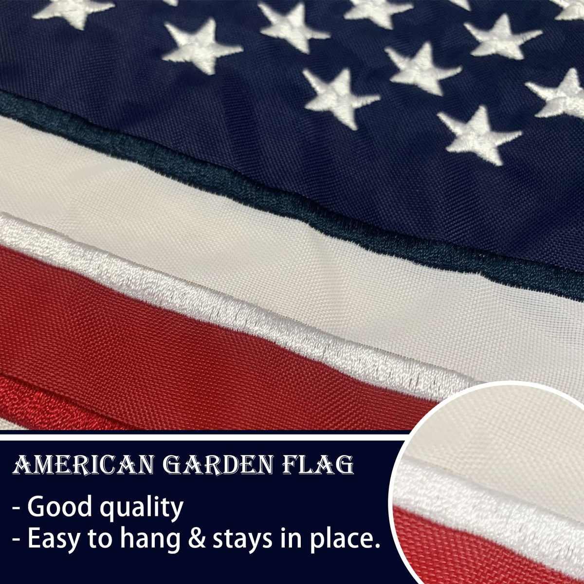 Close-up of Bradford flag embroidery highlighting stars and stripes detail.