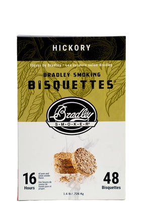 Bradley Smoker Bisquettes Hickory 48-pack packaging front for convenient smoking.