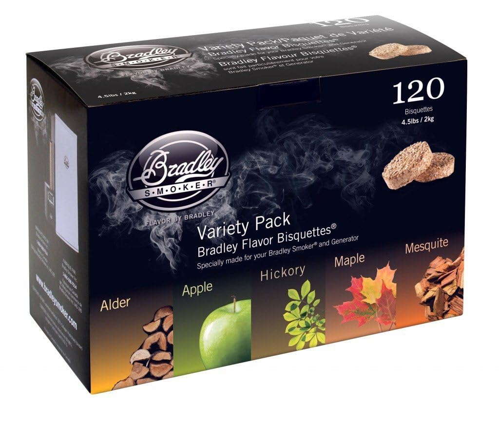 Bradley Smoker bisquettes 120-pack variety pack for consistent flavor.