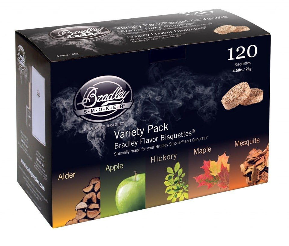 Bradley Smoker bisquettes 120-pack variety pack for consistent flavor.