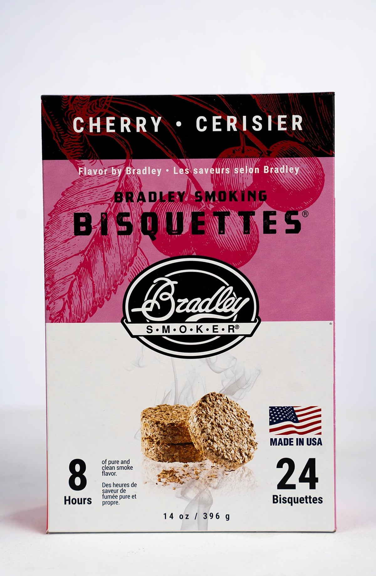 Bradley Smoker cherry bisquettes pack ready for clean smoke flavor for poultry and cheese