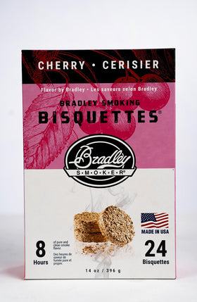 Bradley Smoker cherry bisquettes pack ready for clean smoke flavor for poultry and cheese