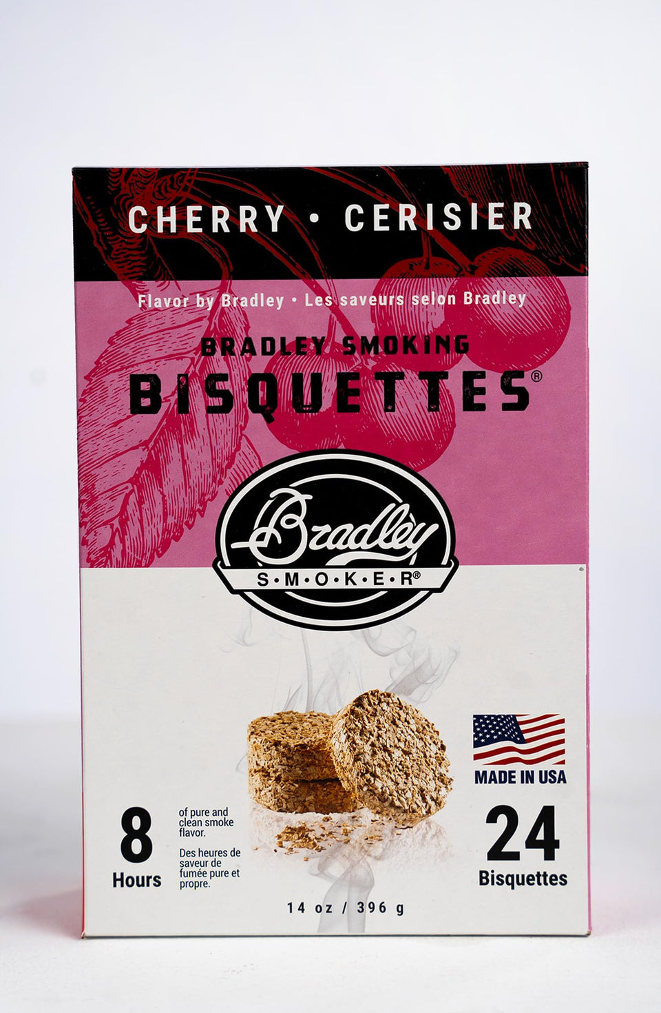 Bradley Smoker cherry bisquettes pack ready for clean smoke flavor for poultry and cheese