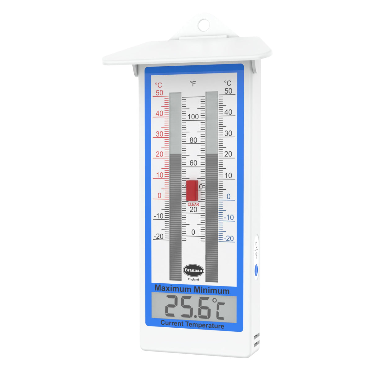 Brannan Digital Greenhouse Thermometer front display shows current and min/max temperatures at a glance.
