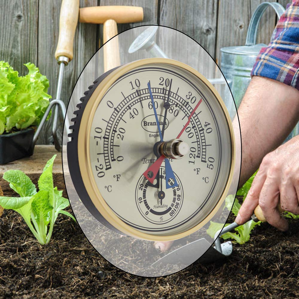 Brannan greenhouse thermometer-hygrometer on wall mount helps gardeners track plant climate easily.