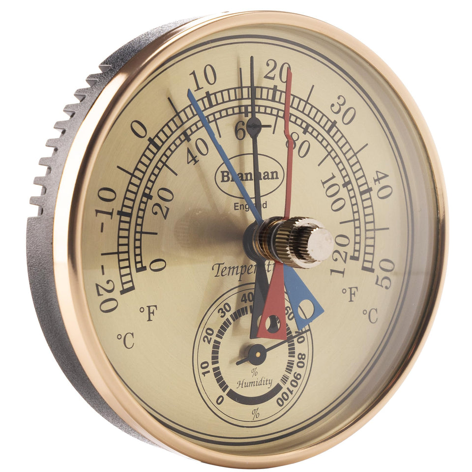 Brannan max-min thermometer and hygrometer with gilt dial shows temps and humidity for precise monitoring.