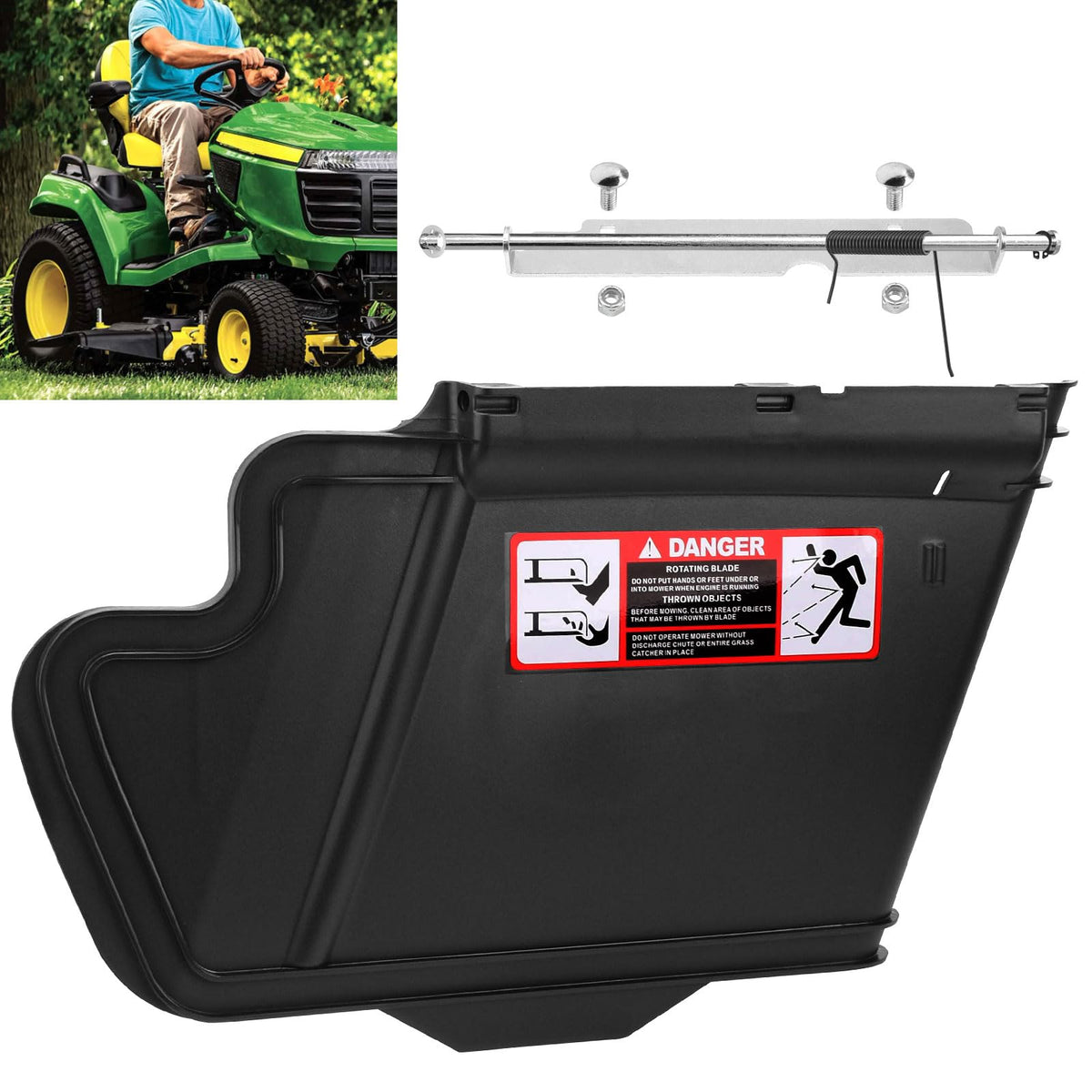Braveboy deck discharge chute on a John Deere deck enhances debris flow and mowing efficiency.