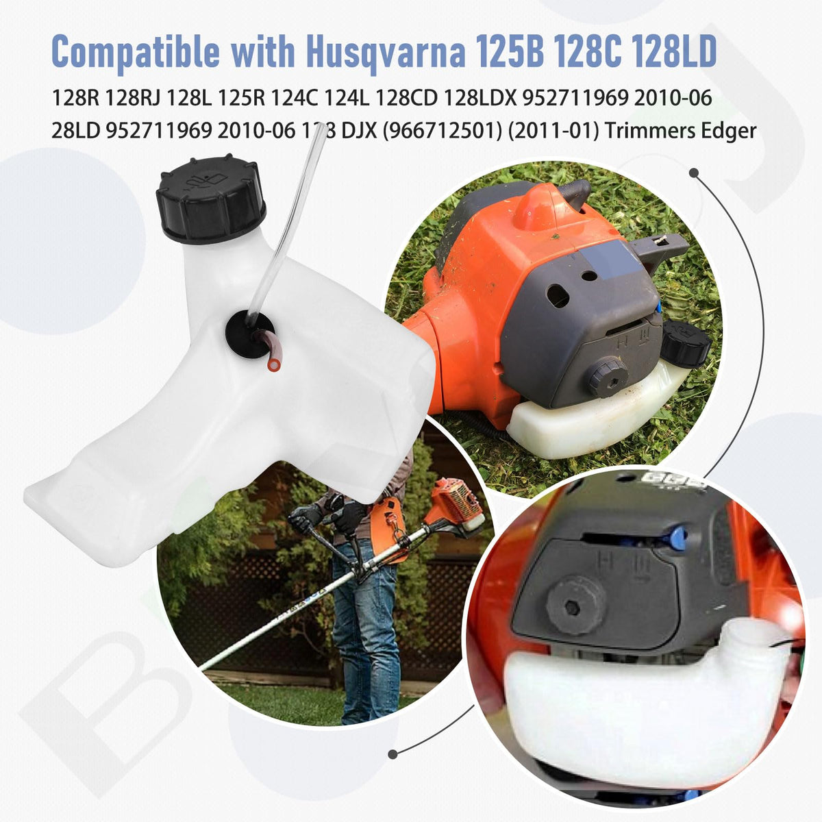Braveboy fuel tank assembly for Husqvarna 128LD top view highlighting filter