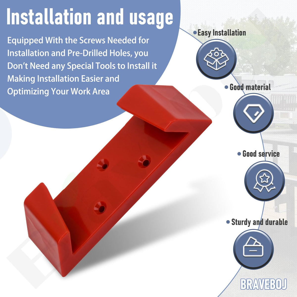 Braveboy wall mount promotes safe hanging and organized garage or workshop.