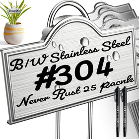 Bravex stainless steel plant label with arch design for easy garden viewing.