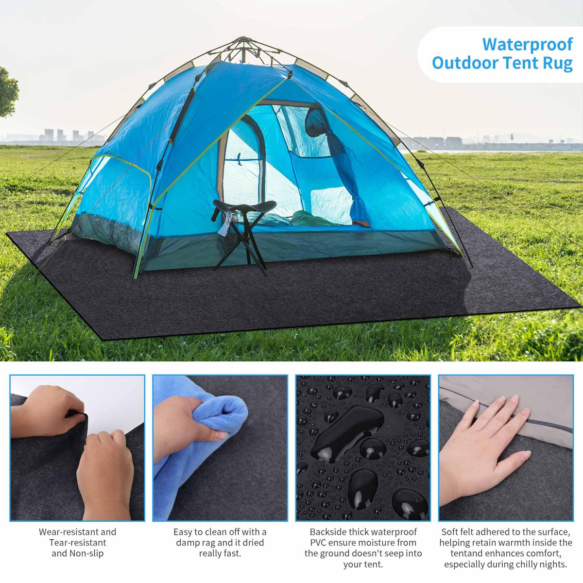 BREENHILL tent carpet trimmed to fit a tent corner for a precise layout.