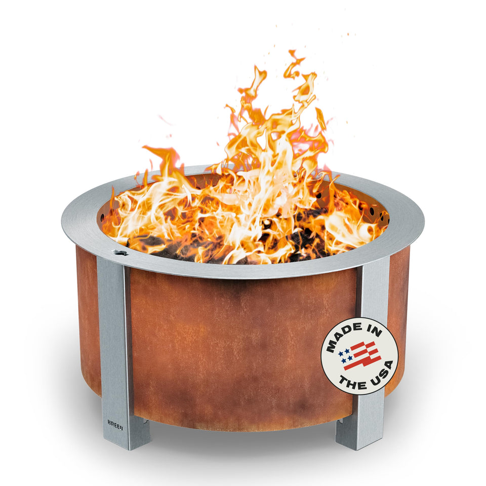 Breeo X Series 24 exterior view with corten steel finish for outdoor ambiance.