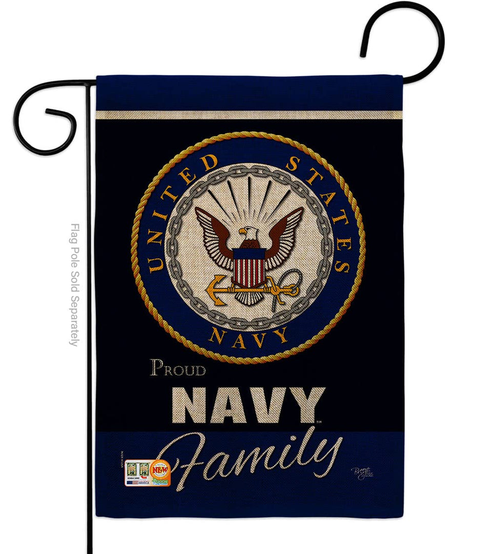 Breeze Decor Navy Proudly Family garden flag, double-sided readability for outdoor display.