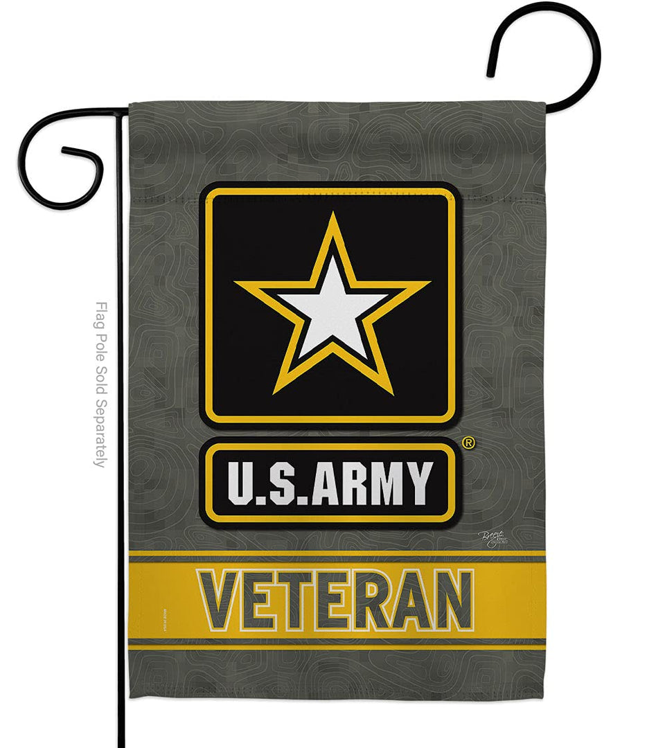 Breeze Decor US Army veteran garden flag on a sleeve, readable from both sides for yard displays.