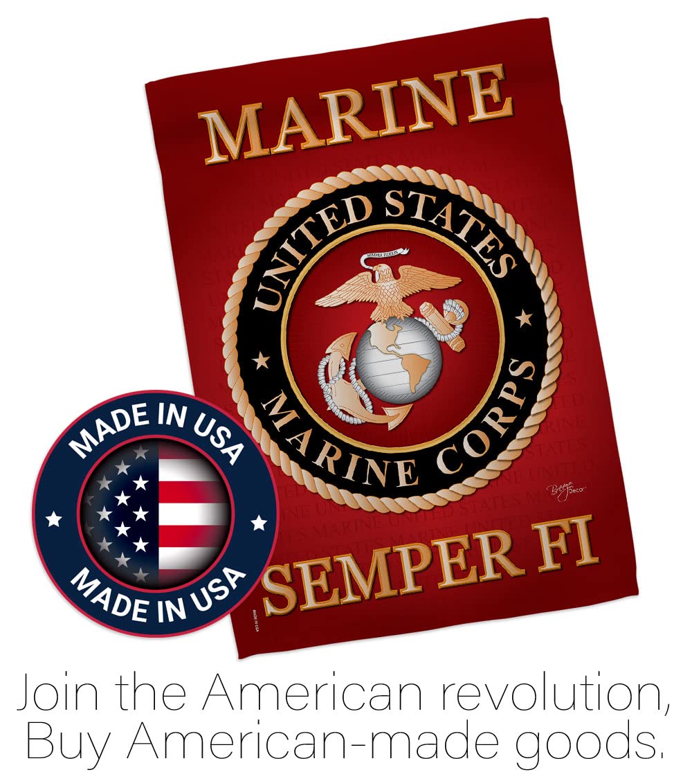 Breeze Decor USMC flag garden banner enhances curb appeal in outdoor spaces.