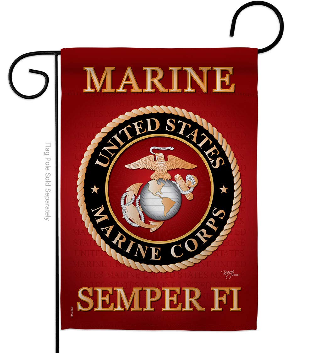 Breeze Decor USMC flag hero design displayed in garden for patriotic outdoor display.