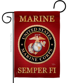 Breeze Decor USMC flag hero design displayed in garden for patriotic outdoor display.