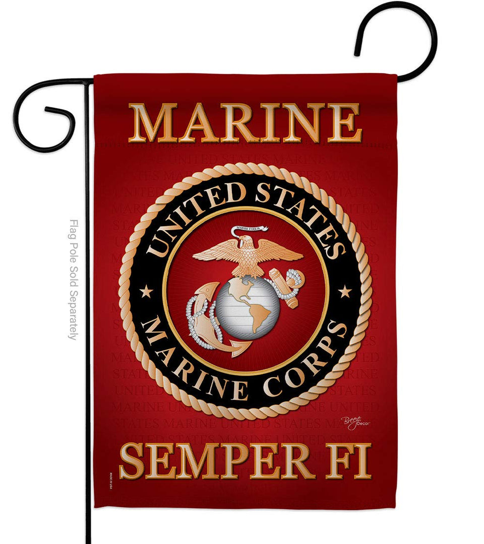 Breeze Decor USMC flag hero design displayed in garden for patriotic outdoor display.