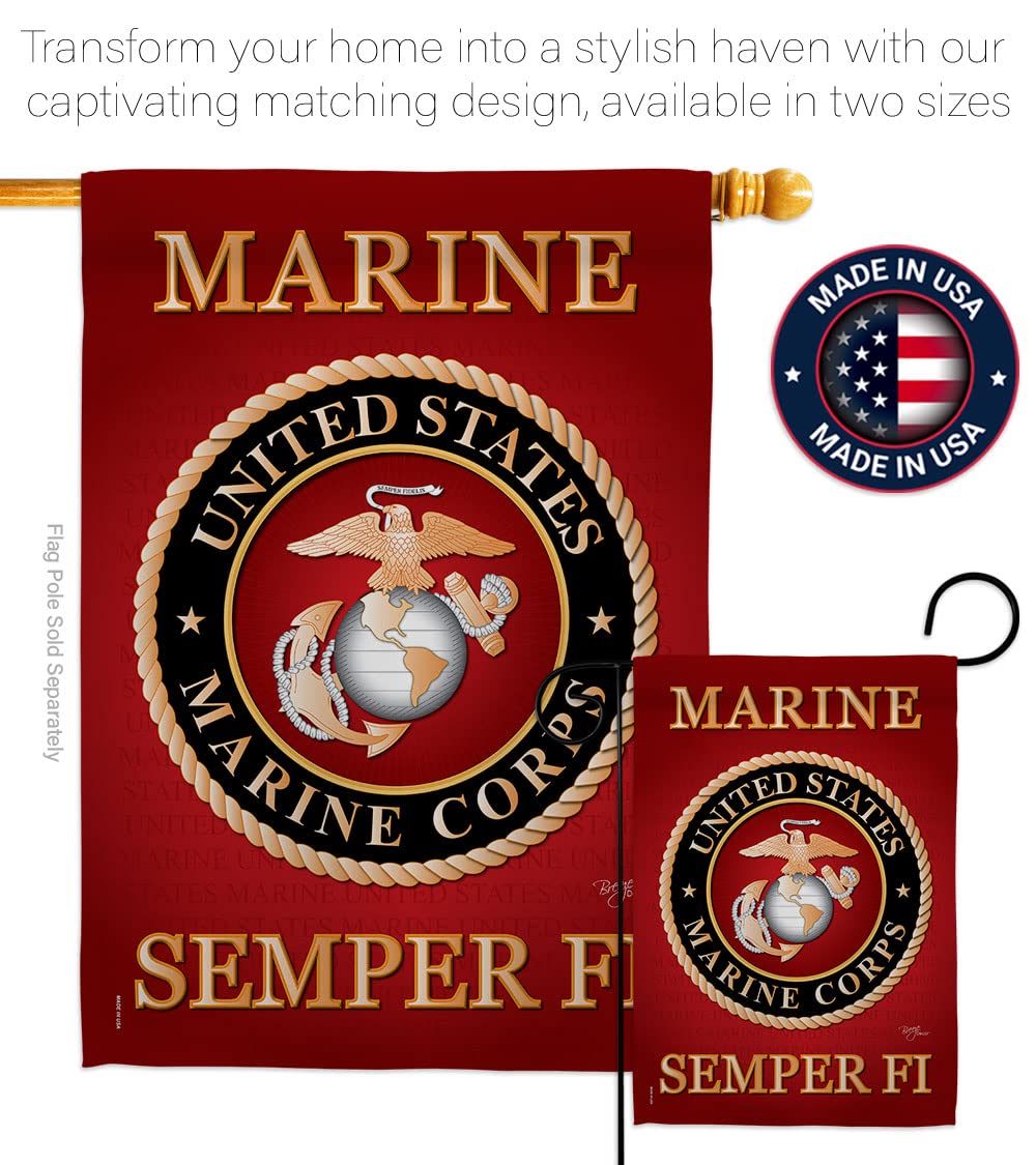 Breeze Decor USMC flag shown on outdoor display in a windy garden setting.