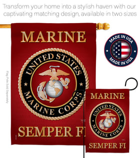 Breeze Decor USMC flag shown on outdoor display in a windy garden setting.