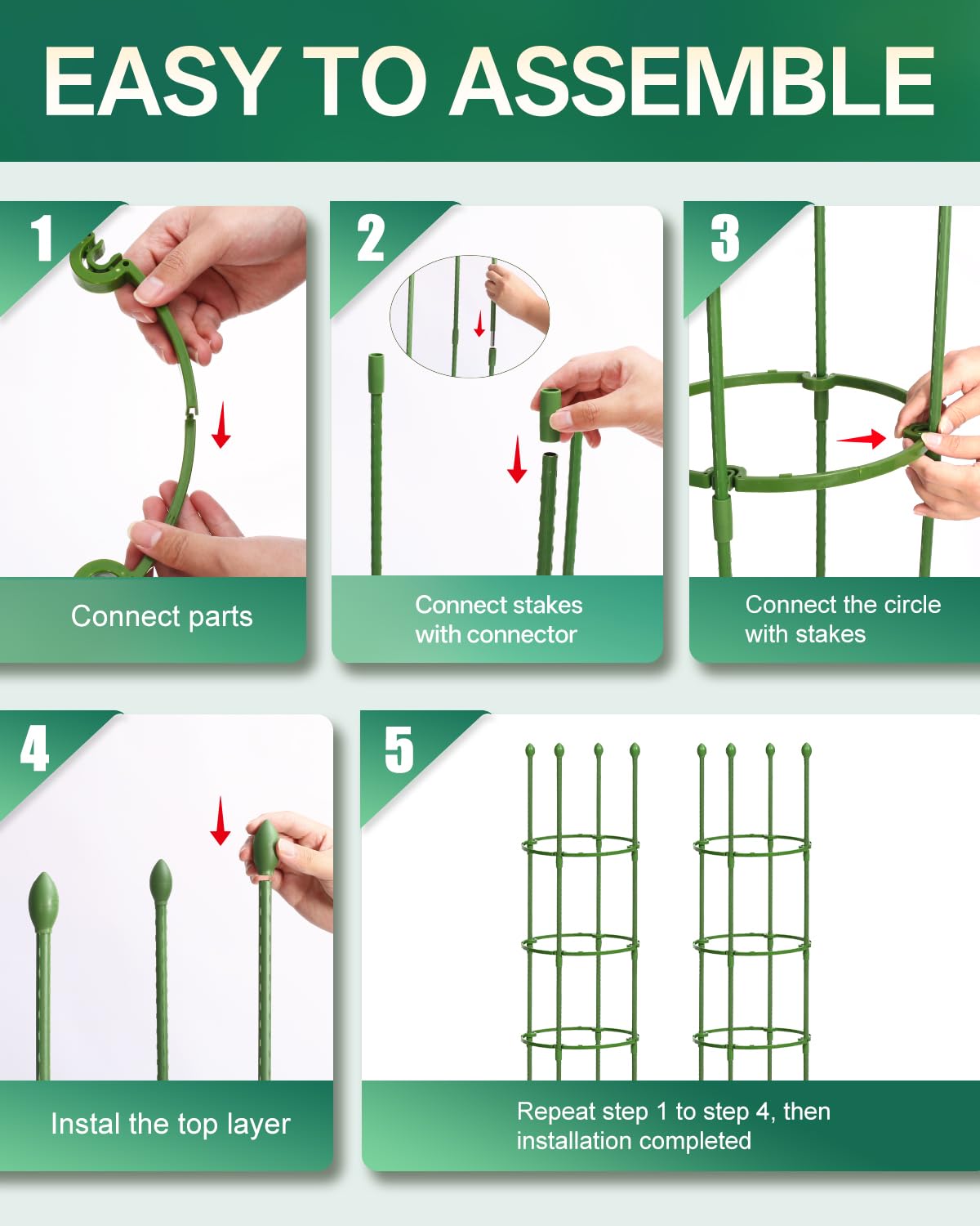 Tool-free installation with soil-friendly pointed ends.