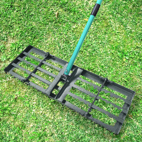 Breeze Touch Lawn Leveling Rake with 30-inch wide head for efficient soil leveling.