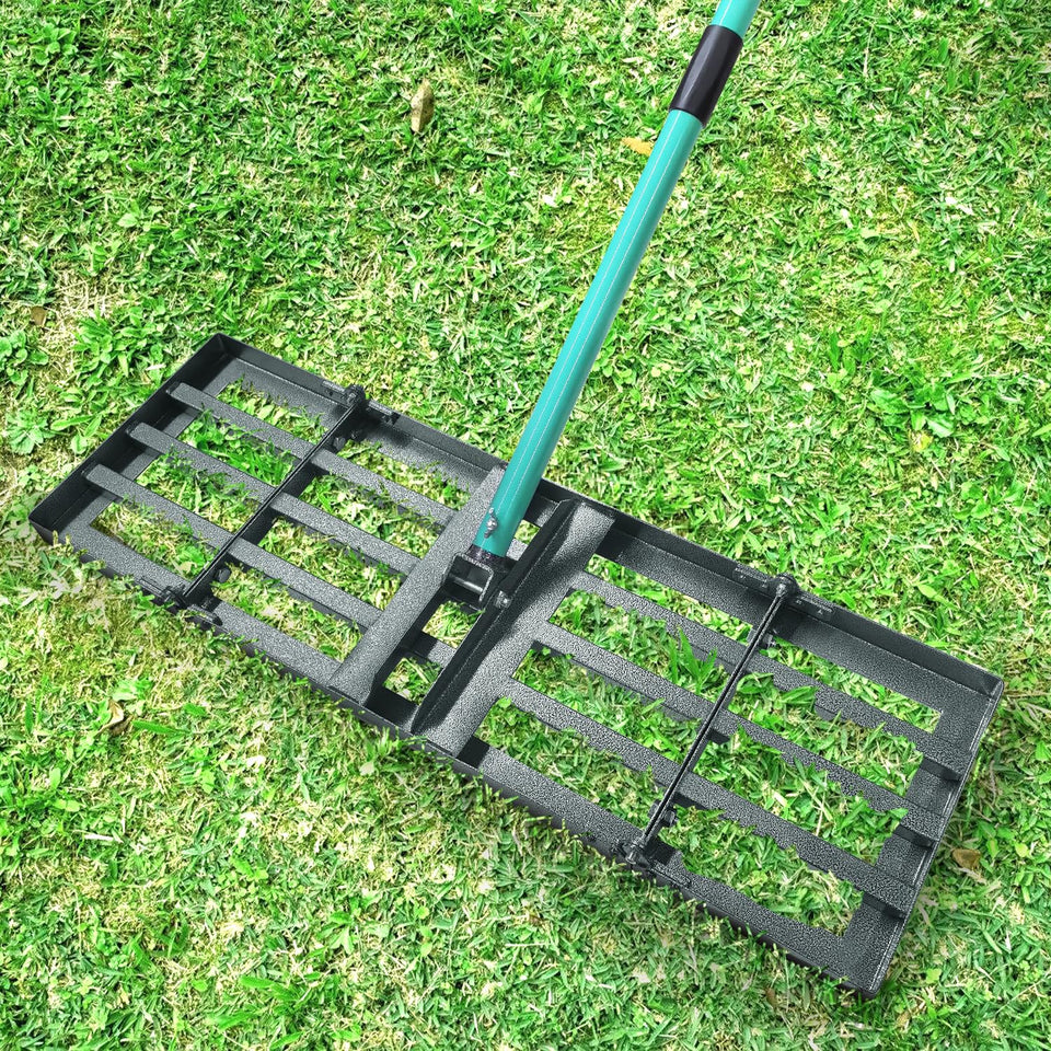Breeze Touch Lawn Leveling Rake with 30-inch wide head for efficient soil leveling.