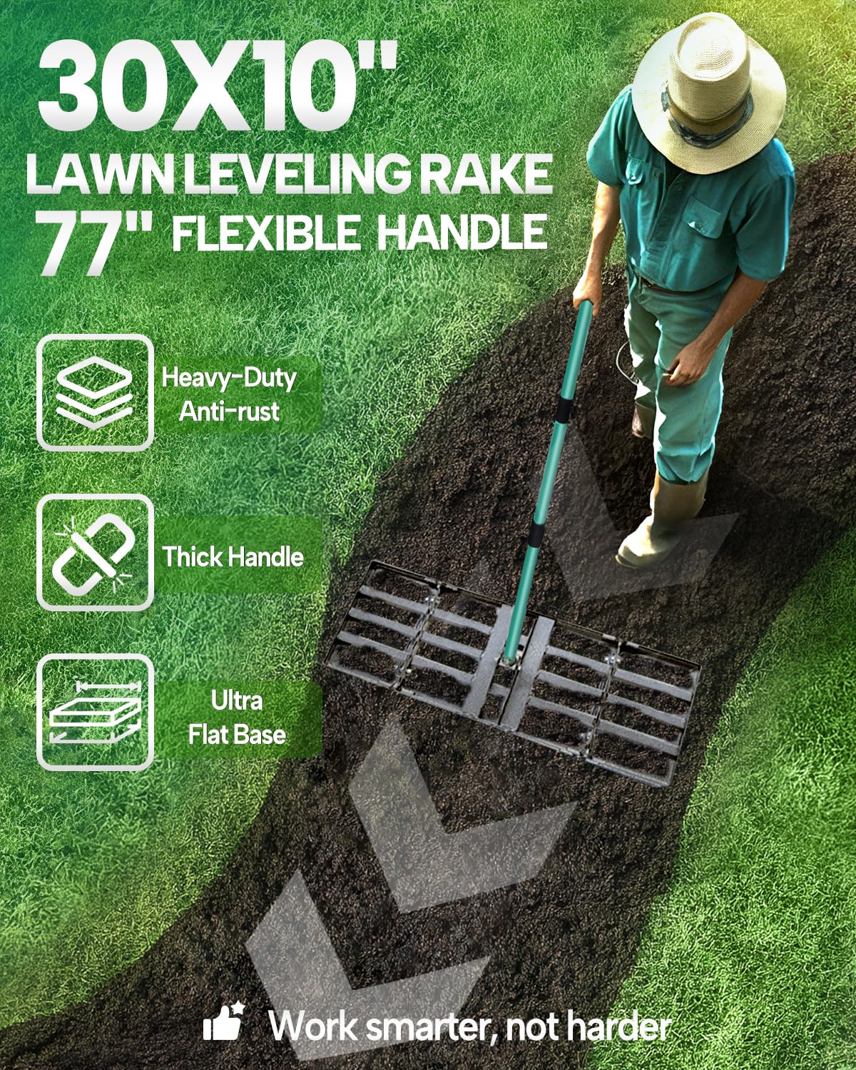 Breeze Touch Lawn Leveling Rake with removable handle for storage and transport.