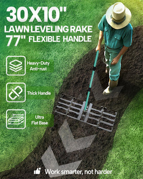 Breeze Touch Lawn Leveling Rake with removable handle for storage and transport.