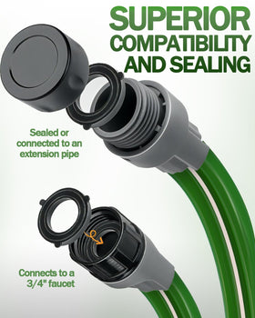 Breeze Touch lay-flat sprinkler hose with U-shaped stakes anchored in soil.