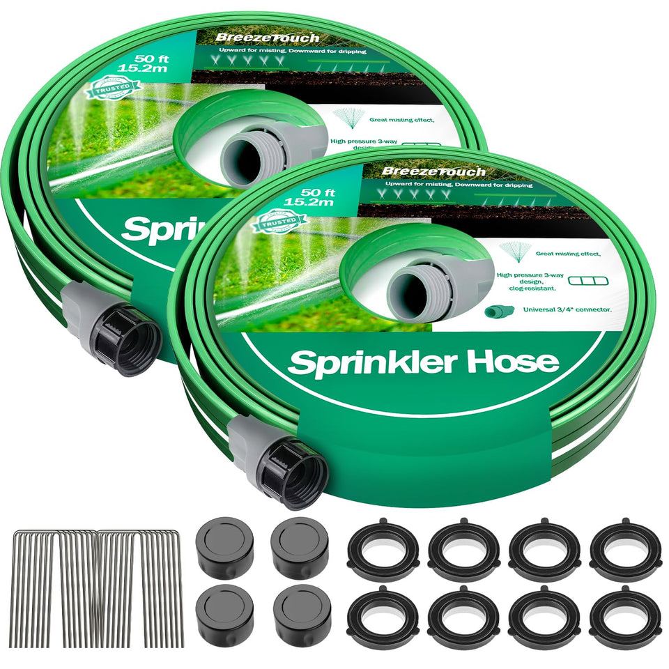 Breeze Touch three-tube sprinkler hose shows wide mist covering a green lawn.