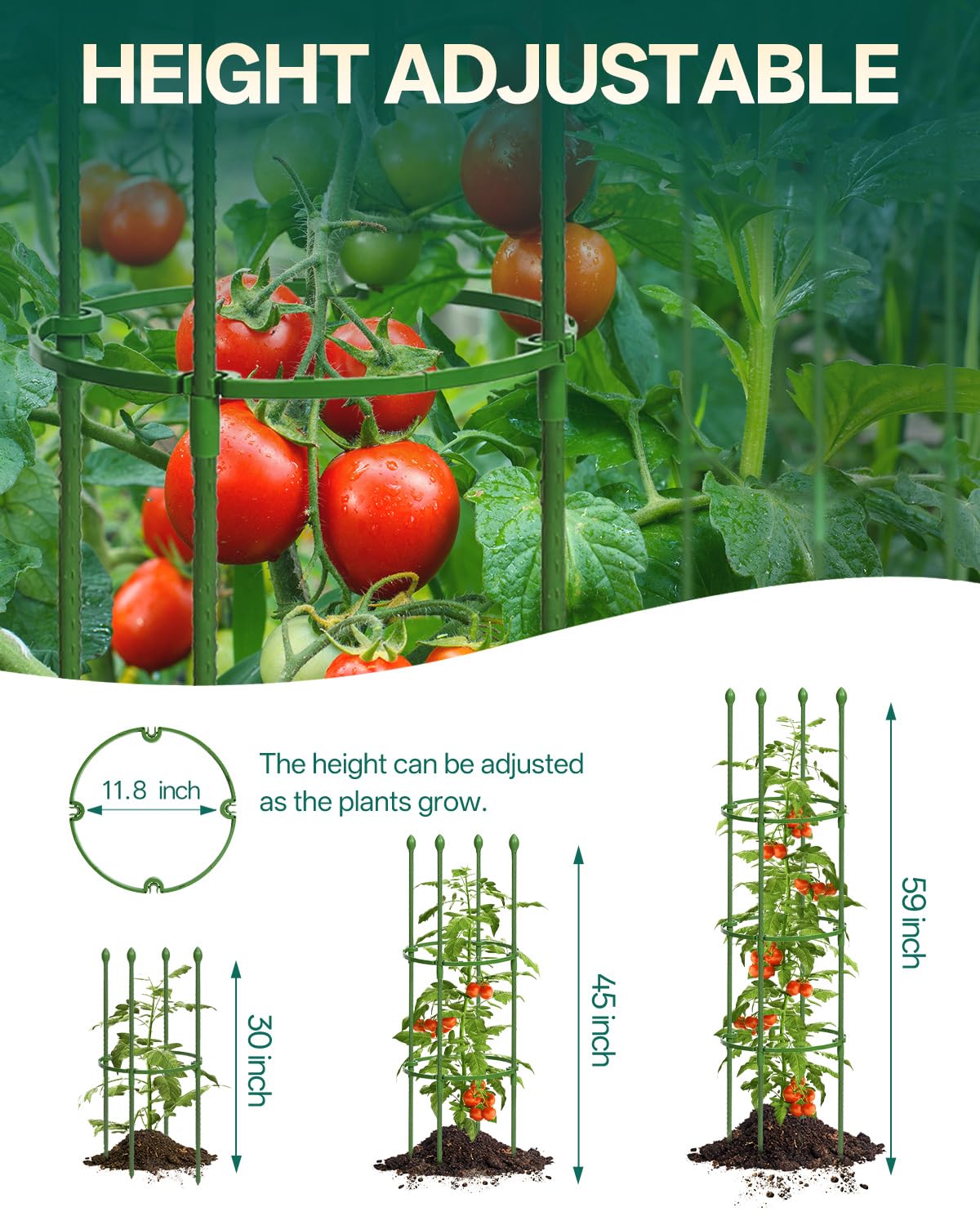 Breeze Touch tomato trellis adjustable up to 59 inches for tall vegetables.