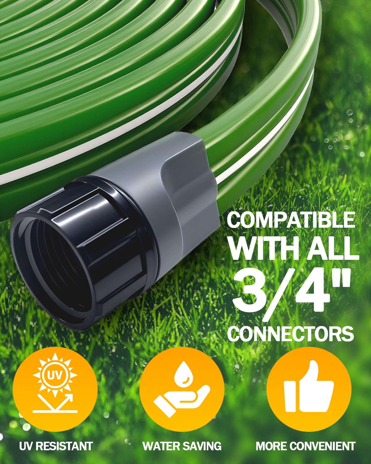 Breeze Touch UV-resistant PVC sprinkler hose facing bright sun and garden use.