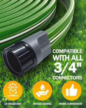 Breeze Touch UV-resistant PVC sprinkler hose facing bright sun and garden use.