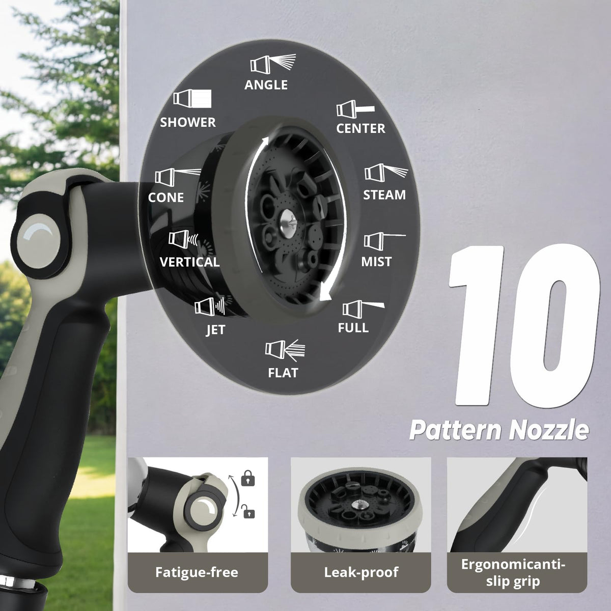 BreezeReel 10-pattern nozzle adapts for watering, cleaning, and misting