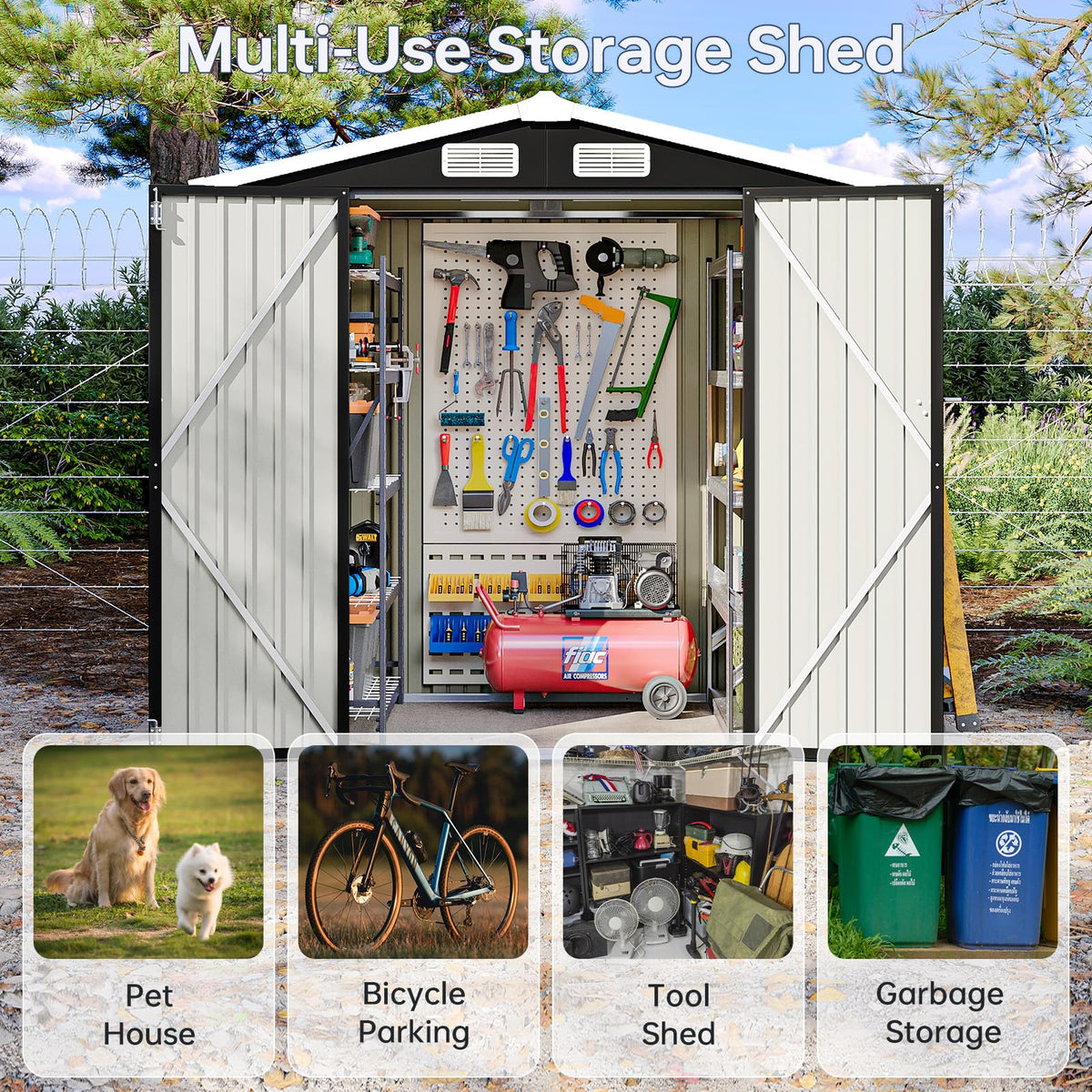 Breezestival shed door lockable view highlights secure access for tools and equipment.