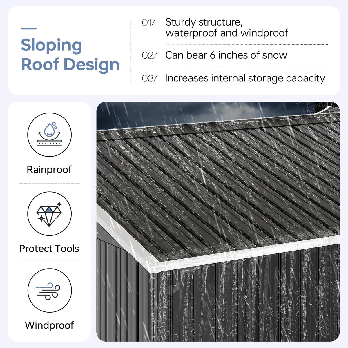 Breezestival shed roof-sloped view shows rain runoff design and interior space.