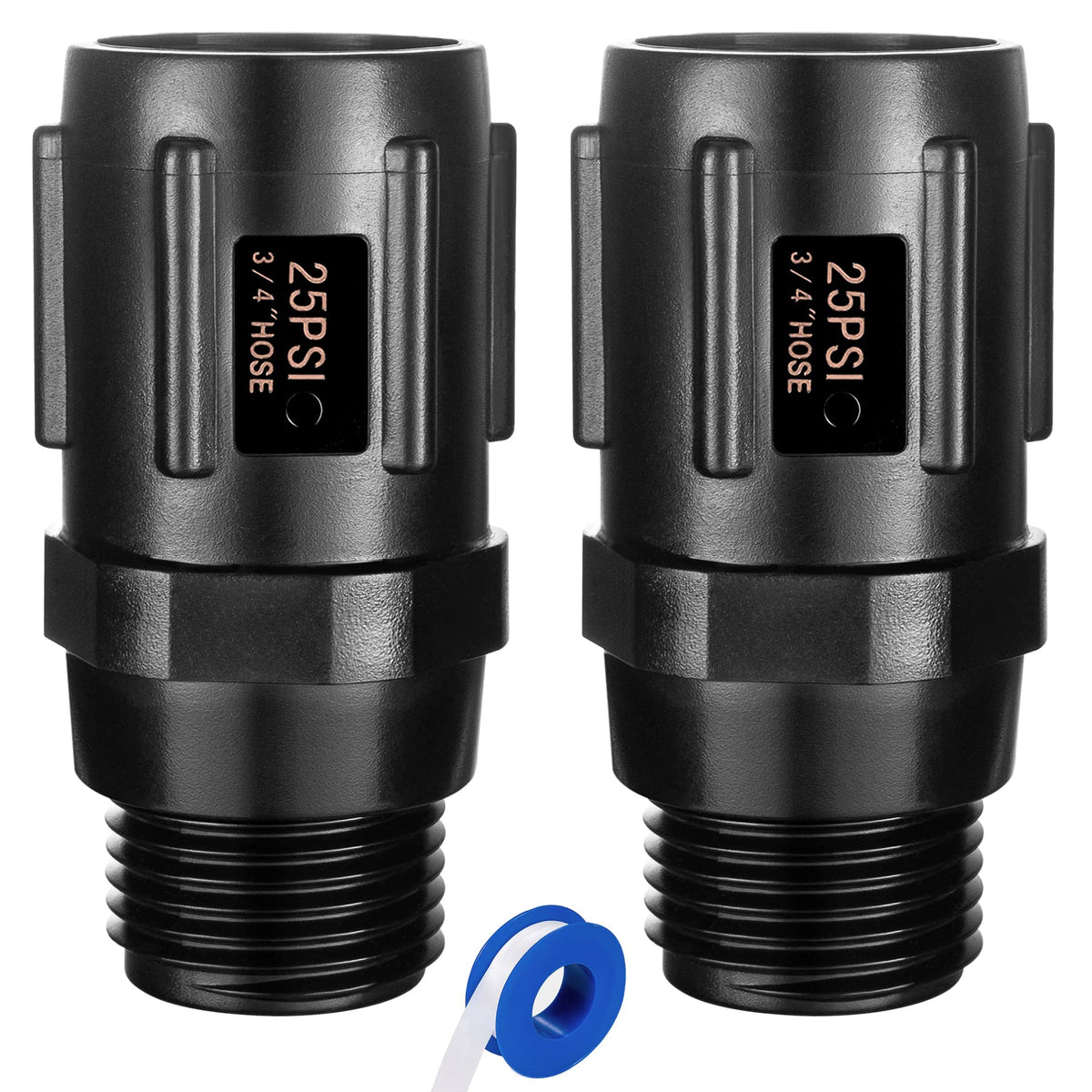 Breezliy 2-pack regulator close-up showing 25 PSI preset for drip irrigation