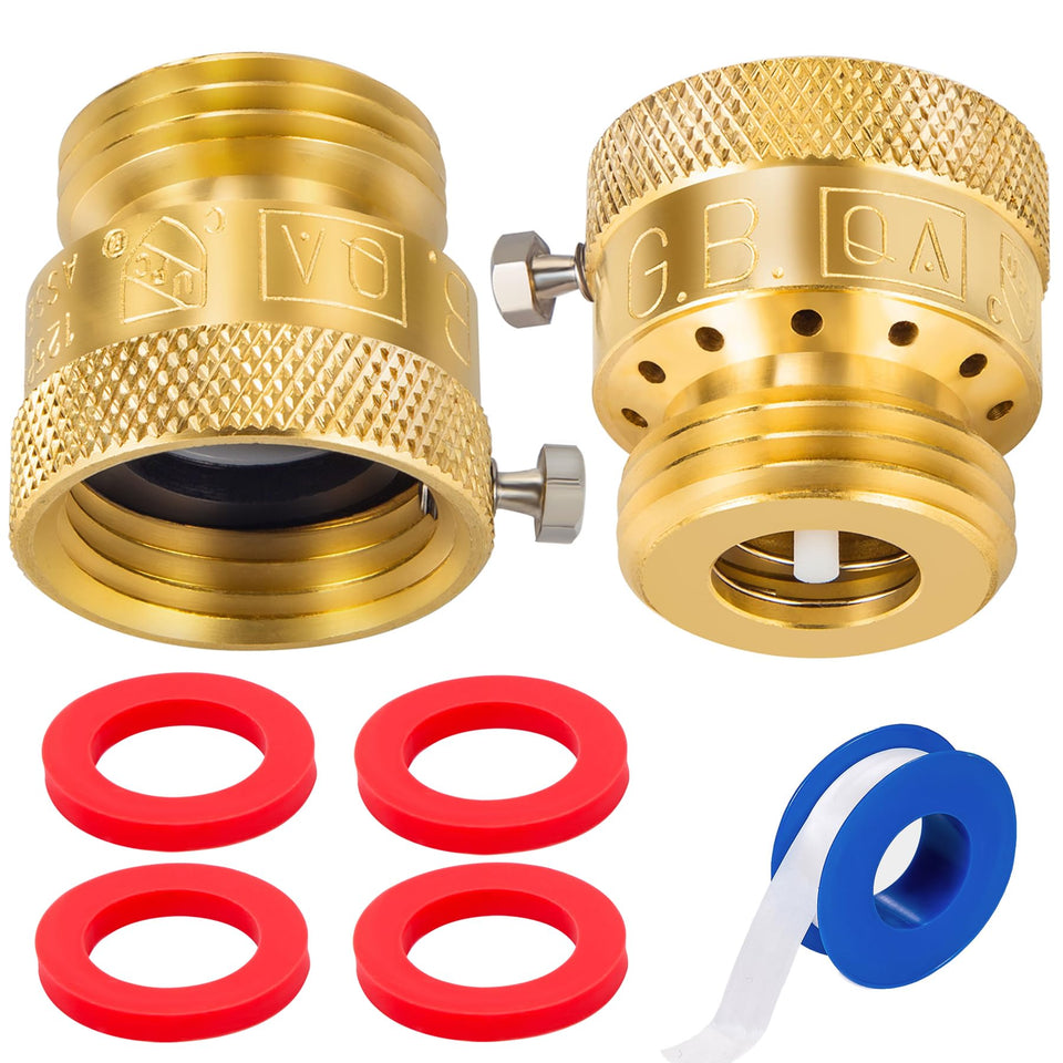 Breezliy brass vacuum breaker 2-pack installed on a garden spigot for anti-siphon protection.