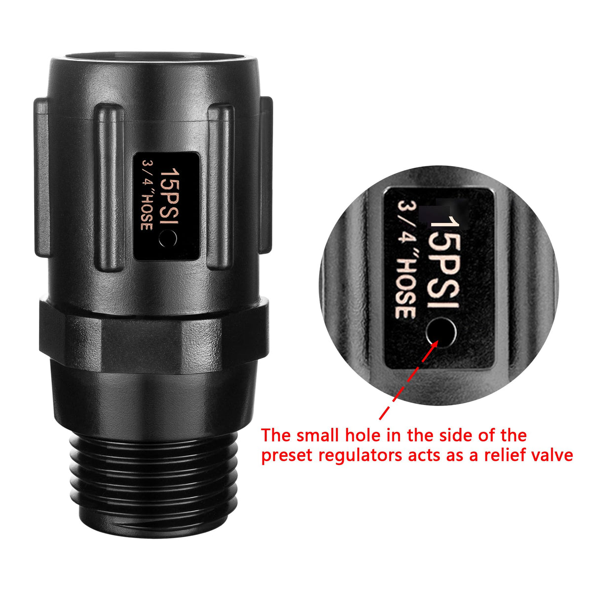 Breezliy three-quarter-inch FHT to MHT regulator demonstrates standard fittings for drip systems.