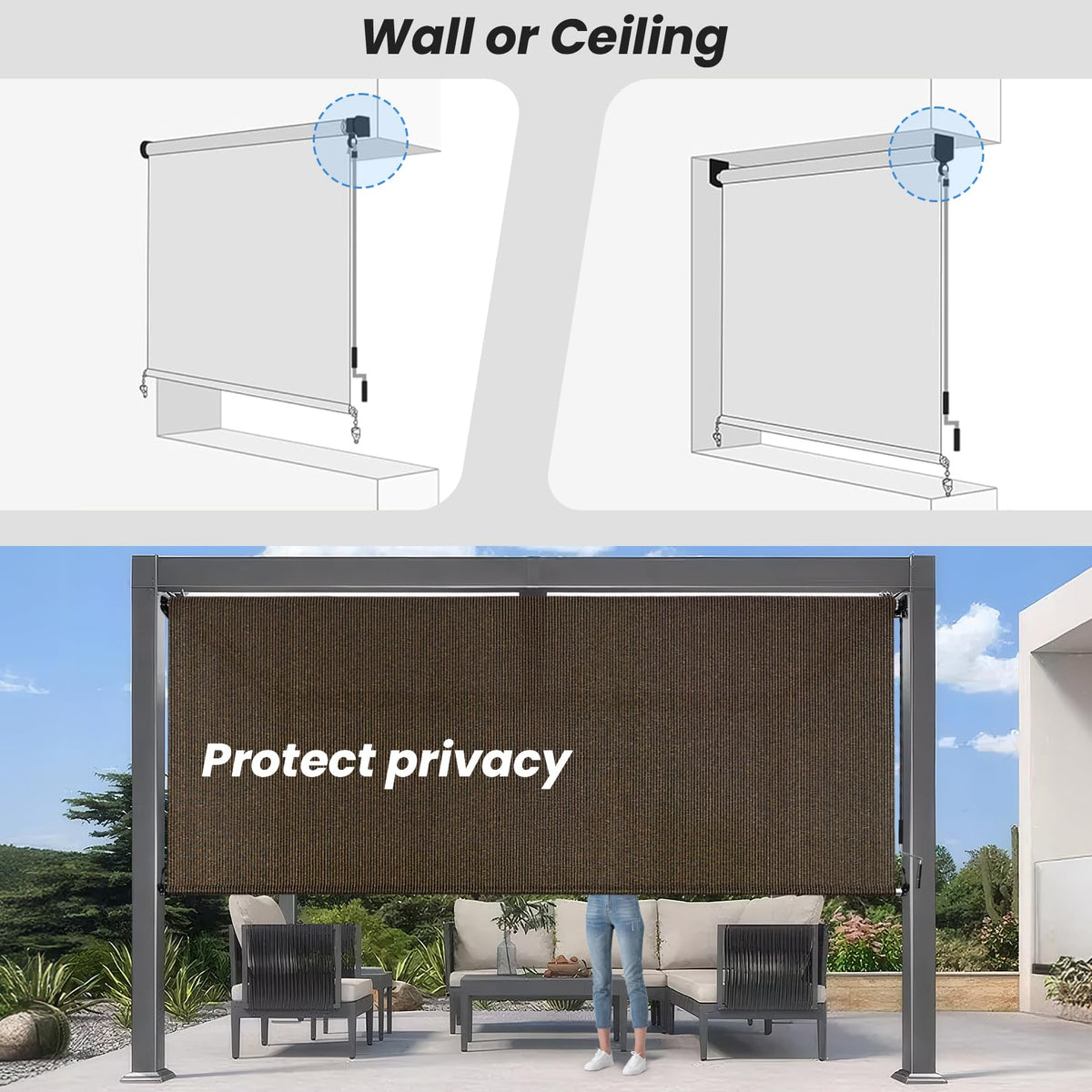 Breezombra shade partially rolled for ventilation and privacy.
