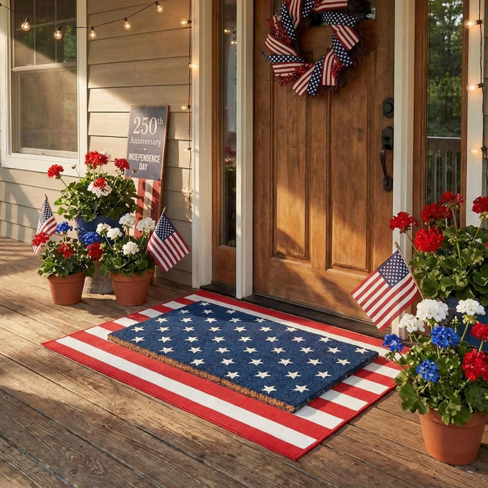 Breling Independence Day door mat large flag rug adds curb appeal to your entryway.